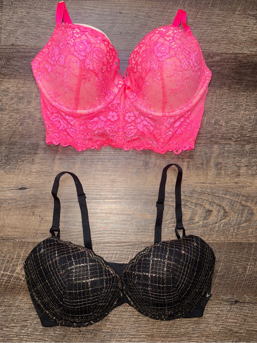 Victoria’s Secret 36D Bra Bundle Pink Lace  Bustier Bra and Black/Gold Bra New